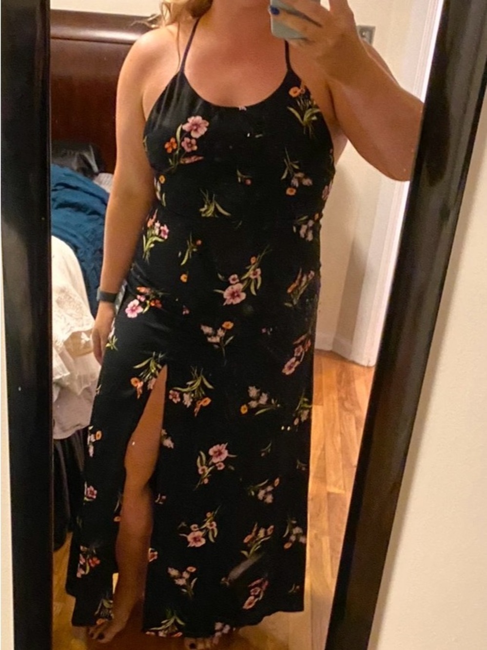 Lulu's Black Maxi Dress with Pink & Green Floral Print